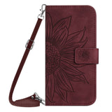iPhone 15 Pro Leather Flip Cover m. Lommebok og stropp - Solsikkegravering - Burgund