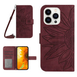 iPhone 15 Pro Leather Flip Cover m. Lommebok og stropp - Solsikkegravering - Burgund