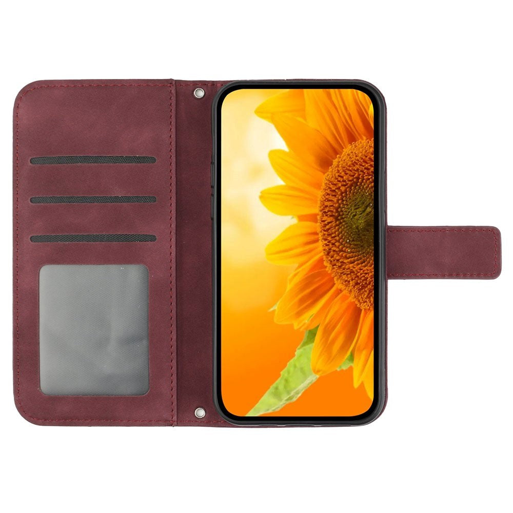 iPhone 15 Pro Leather Flip Cover m. Lommebok og stropp - Solsikkegravering - Burgund