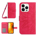 iPhone 15 Pro Leather Flip Cover m. Lommebok og stropp - Solsikkegravering - Rosa