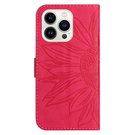 iPhone 15 Pro Leather Flip Cover m. Lommebok og stropp - Solsikkegravering - Rosa