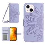 iPhone 15 Leather Flip Cover m. Lommebok og stropp - Solsikkegravering - Lys lilla