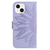 iPhone 15 Leather Flip Cover m. Lommebok og stropp - Solsikkegravering - Lys lilla