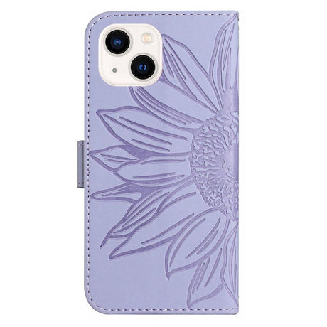 iPhone 15 Leather Flip Cover m. Lommebok og stropp - Solsikkegravering - Lys lilla