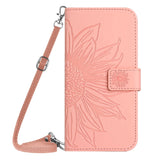 iPhone 15 Leather Flip Cover m. Lommebok og stropp - Solsikkegravering - Rosa
