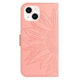 iPhone 15 Leather Flip Cover m. Lommebok og stropp - Solsikkegravering - Rosa