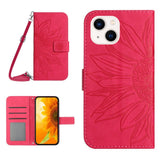 iPhone 15 Leather Flip Cover m. Lommebok og stropp - Solsikkegravering - Rosa
