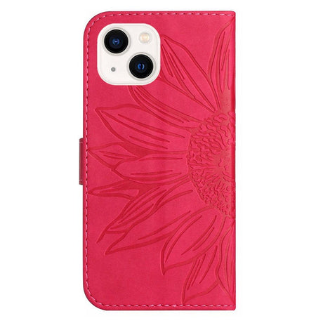 iPhone 15 Leather Flip Cover m. Lommebok og stropp - Solsikkegravering - Rosa