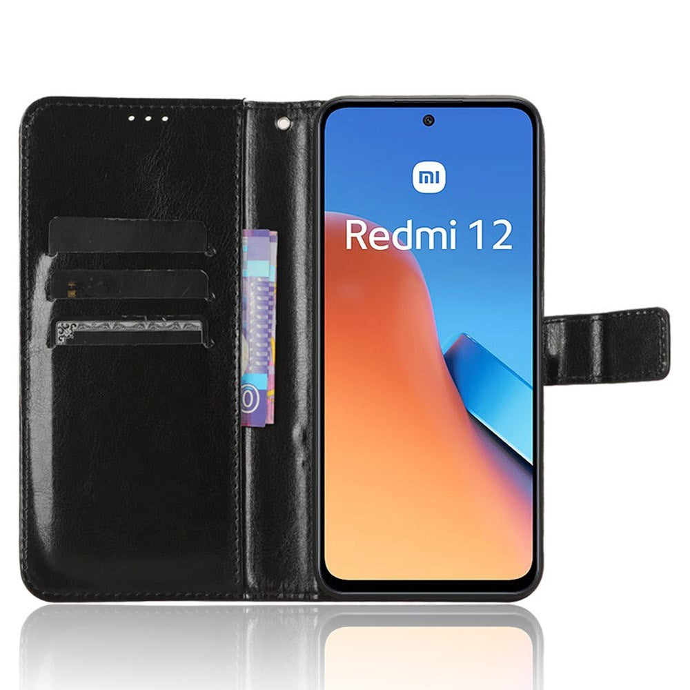 EIDERWOOD Xiaomi Redmi 12 (4G) / 12 (5G) / Poco M6 Pro (5G) Flip-deksel i glanset skinn m. Lommebok og stropp - Svart
