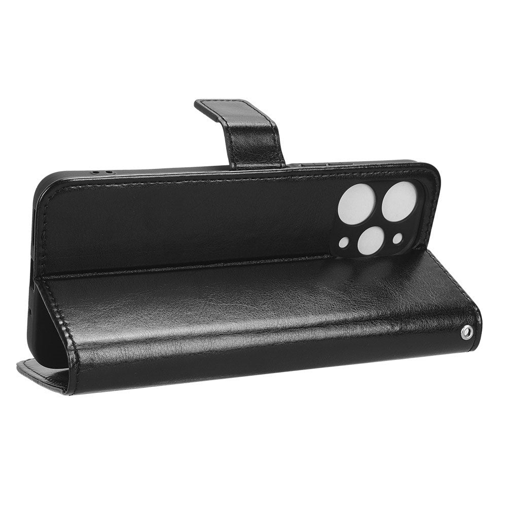 EIDERWOOD Xiaomi Redmi 12 (4G) / 12 (5G) / Poco M6 Pro (5G) Flip-deksel i glanset skinn m. Lommebok og stropp - Svart