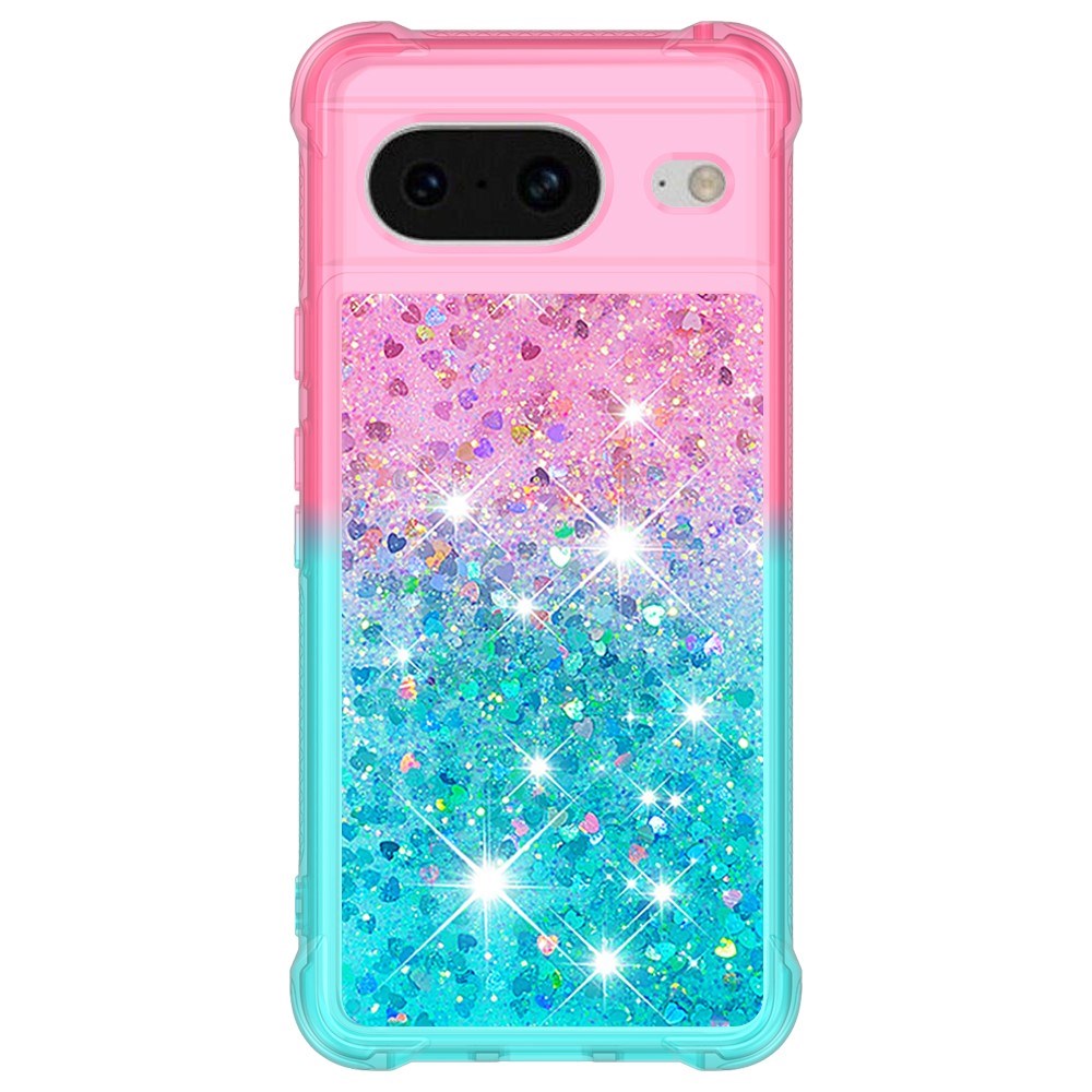Google Pixel 8 Transparent Glitter Bakdeksel - Rosa / Turkis