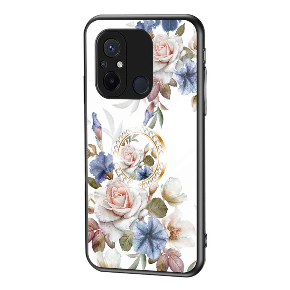 Xiaomi Redmi 12C plastbakdeksel m. Glass rygg &amp; magnetisk støtte / fingerring - hvit m. Blomster