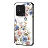 Xiaomi Redmi 12C plastbakdeksel m. Glass rygg &amp; magnetisk støtte / fingerring - hvit m. Blomster