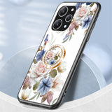 Xiaomi Redmi 12 (4G) Plastik Bagside Cover m. Glasbagside & Fingerring - Blomster Print - Hvid