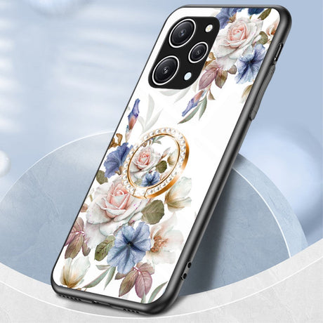 Xiaomi Redmi 12 (4G) plastbakdeksel m. Glass Rygg &amp; Fingerring - Blomstertrykk - Hvit