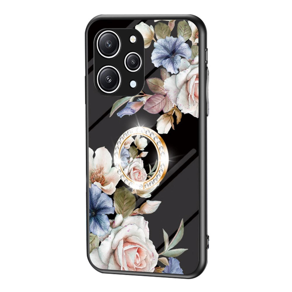 Xiaomi Redmi 12 (4G) plastbakdeksel m. Glass Back &amp; Finger Ring - Blomstertrykk - Svart