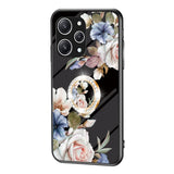 Xiaomi Redmi 12 (4G) plastbakdeksel m. Glass Back &amp; Finger Ring - Blomstertrykk - Svart