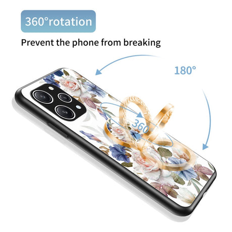 Xiaomi Redmi 12 (4G) plastbakdeksel m. Glass Back &amp; Finger Ring - Blomstertrykk - Svart