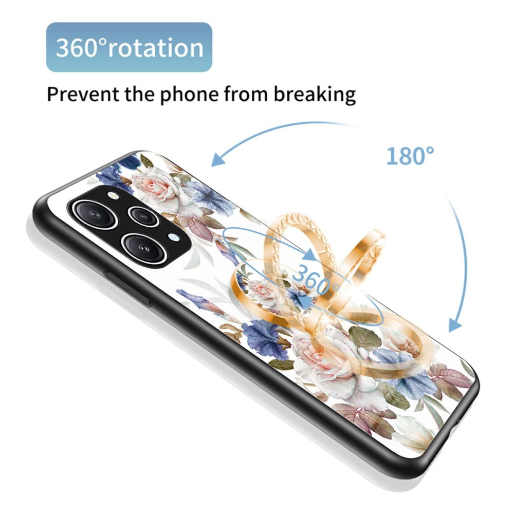 Xiaomi Redmi 12 (4G) plastbakdeksel m. Glass Back &amp; Finger Ring - Blomstertrykk - Blå