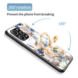 Xiaomi Redmi 12 (4G) plastbakdeksel m. Glass Back &amp; Finger Ring - Blomstertrykk - Rosa