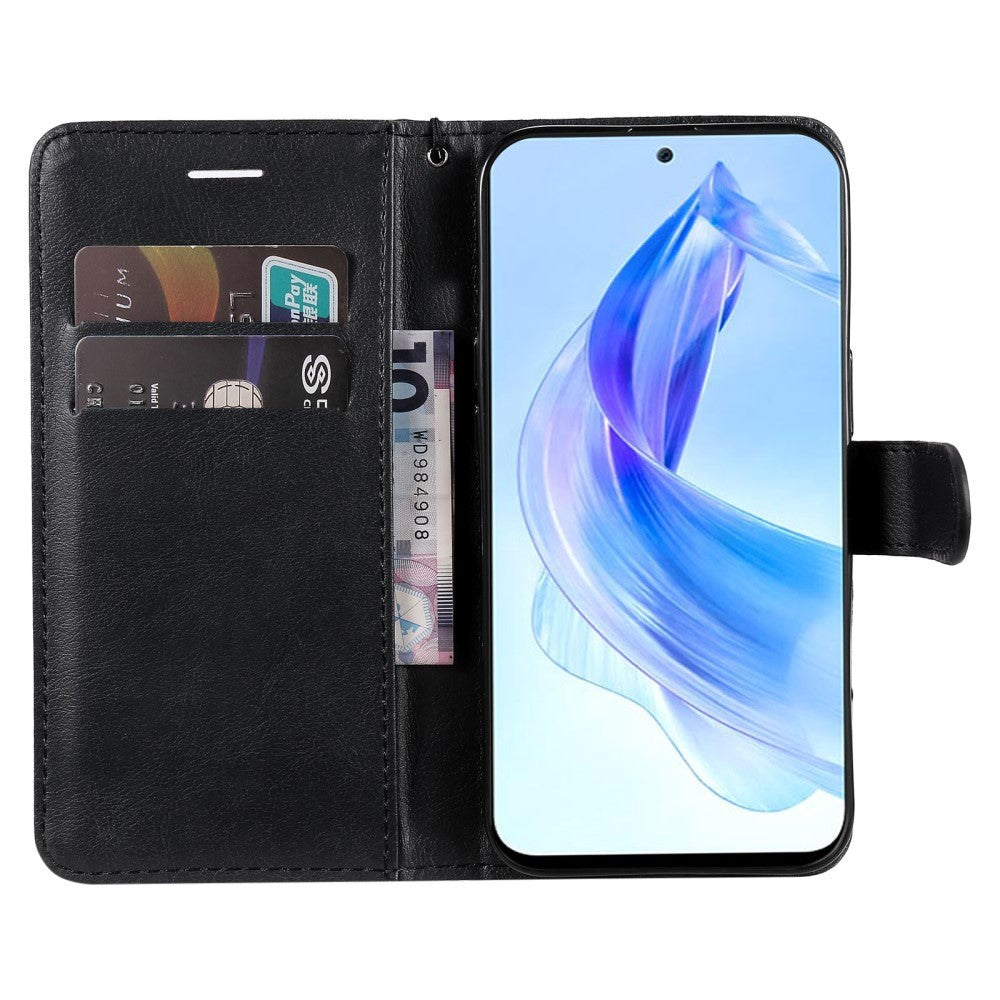 Honor 90 Lite Leather Flip Cover m. Lommebok og stropp - Svart