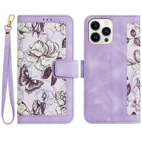 iPhone 15 Pro Leather Flip Cover m. Veske og stropp - Lilla m. Blomster og sommerfugl