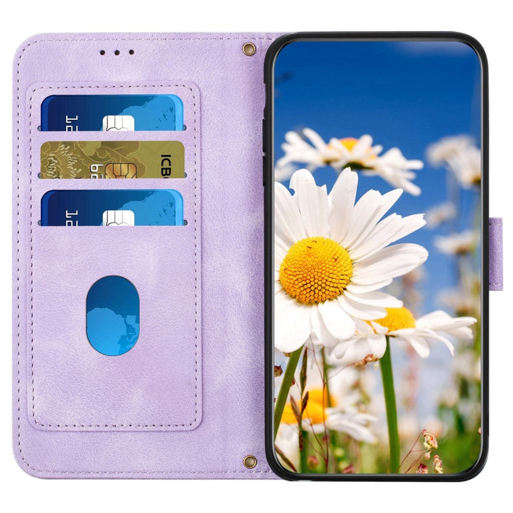 iPhone 15 Pro Leather Flip Cover m. Veske og stropp - Lilla m. Blomster og sommerfugl
