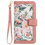 iPhone 15 Pro Leather Flip Cover m. Veske og stropp - Rosa m. Blomster