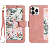 iPhone 15 Pro Leather Flip Cover m. Veske og stropp - Rosa m. Blomster