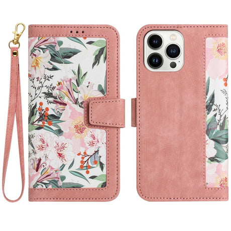 iPhone 15 Pro Leather Flip Cover m. Veske og stropp - Rosa m. Blomster