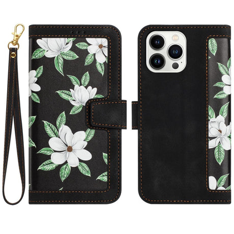 iPhone 15 Pro Leather Flip Cover m. Lommebok og stropp - Svart m. Blomster