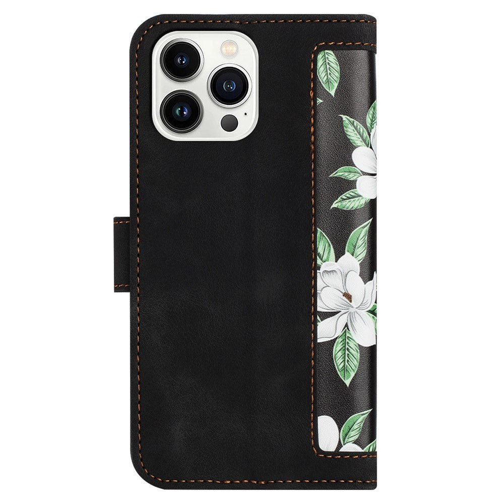 iPhone 15 Plus Leather Flip Cover m. Lommebok og stropp - Svart m. Blomster