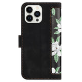iPhone 15 Plus Leather Flip Cover m. Lommebok og stropp - Svart m. Blomster