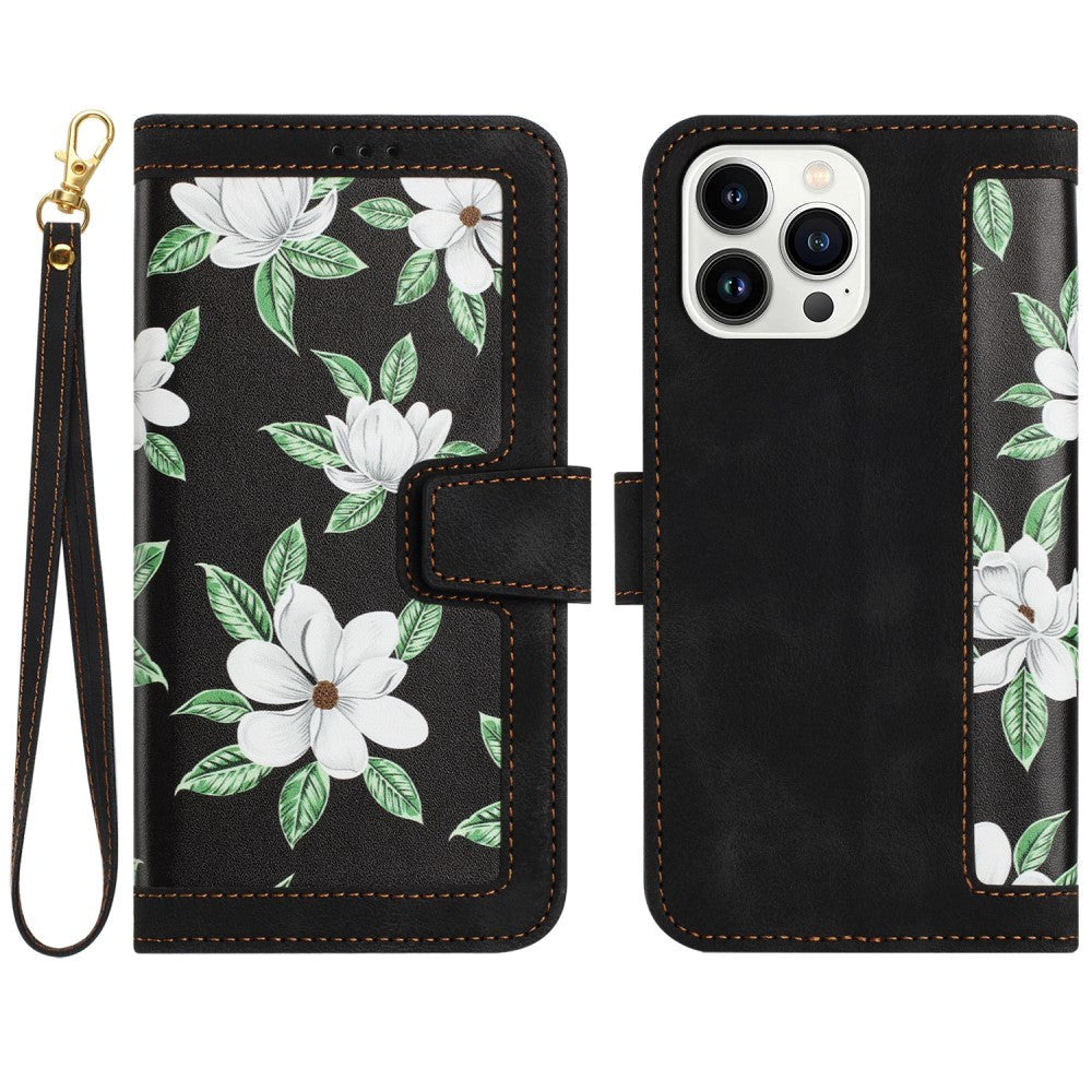 iPhone 15 Pro Max Leather Flip Cover m. Lommebok og stropp - Svart m. Blomster