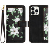 iPhone 15 Pro Max Leather Flip Cover m. Lommebok og stropp - Svart m. Blomster