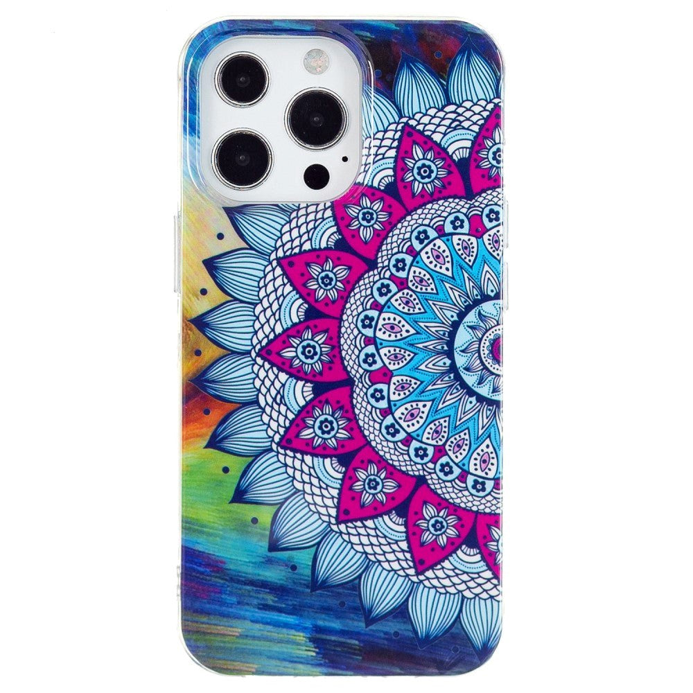 iPhone 15 Pro Luminous fleksibelt bakdeksel av plast m. Trykk - Mandala Blomst