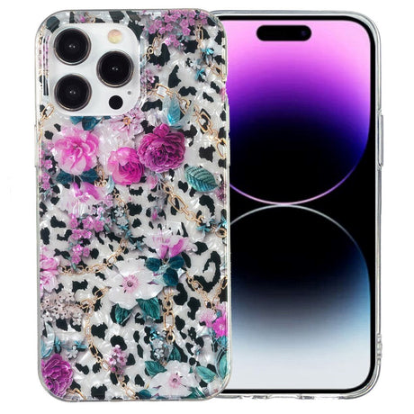 iPhone 15 Pro fleksibelt plastdeksel - Leopard og blomstermønster