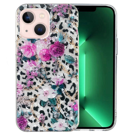 iPhone 15 fleksibelt plastdeksel - Leopard og blomstermønster