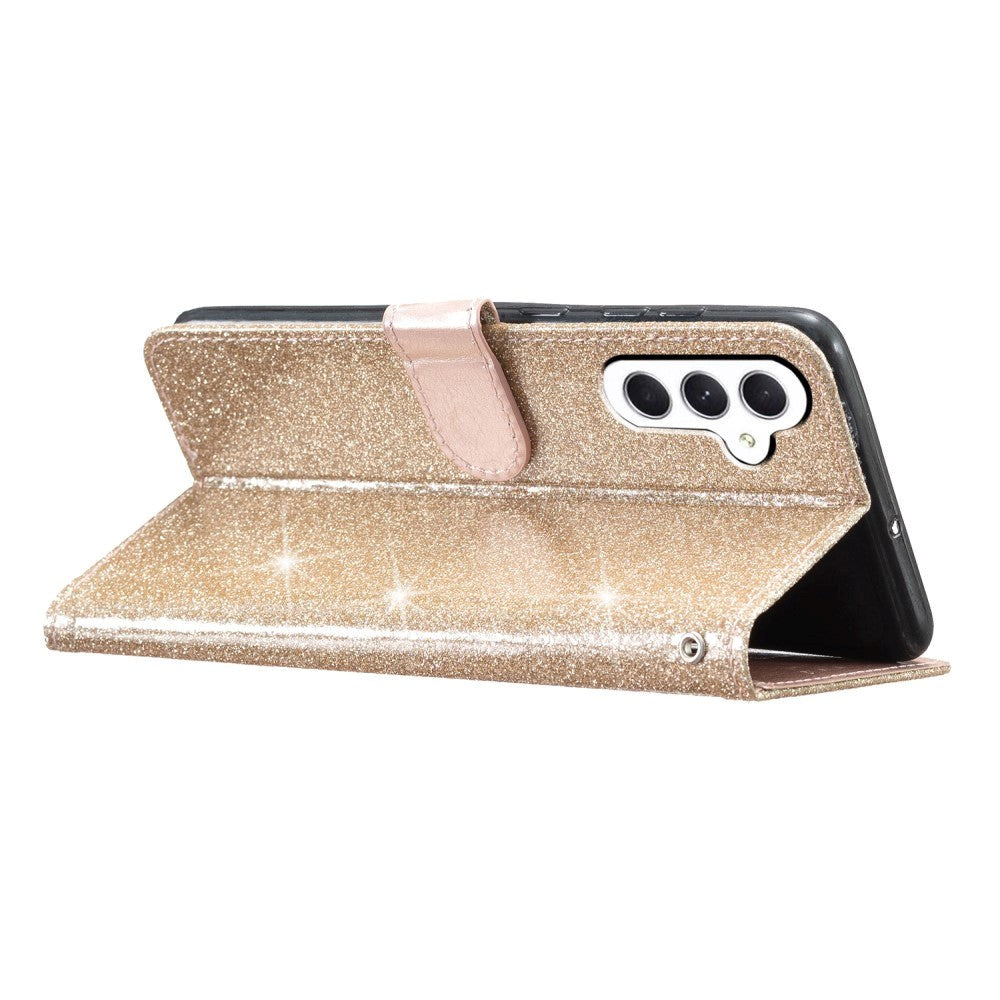 Samsung Galaxy S23 FE Leather Flip Cover m. Lommebok &amp; stropp - Glitter - Gull