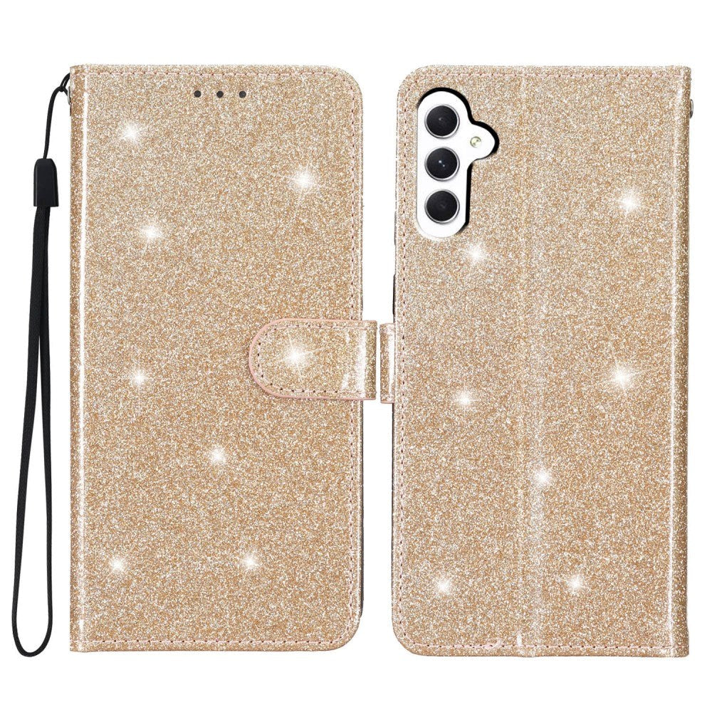 Samsung Galaxy A25 (5G) Flip-deksel i lær m. Lommebok &amp; stropp - Glitter - Gull