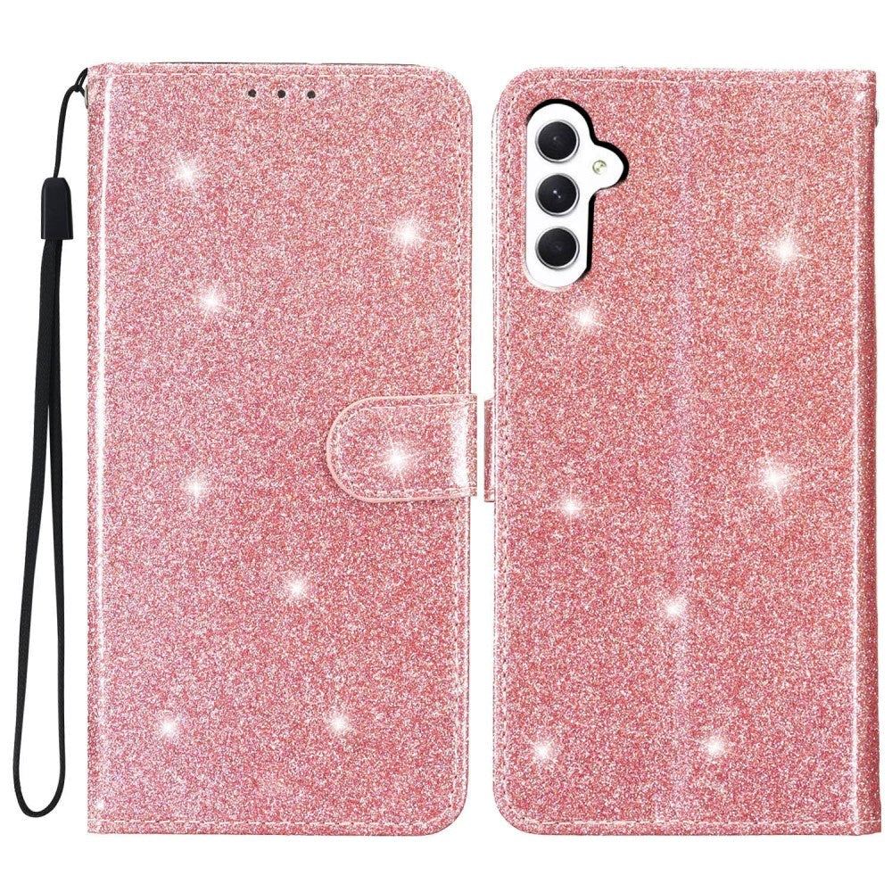 Samsung Galaxy A25 (5G) Flip-deksel i lær m. Veske &amp; stropp - Glitter - Rose gull