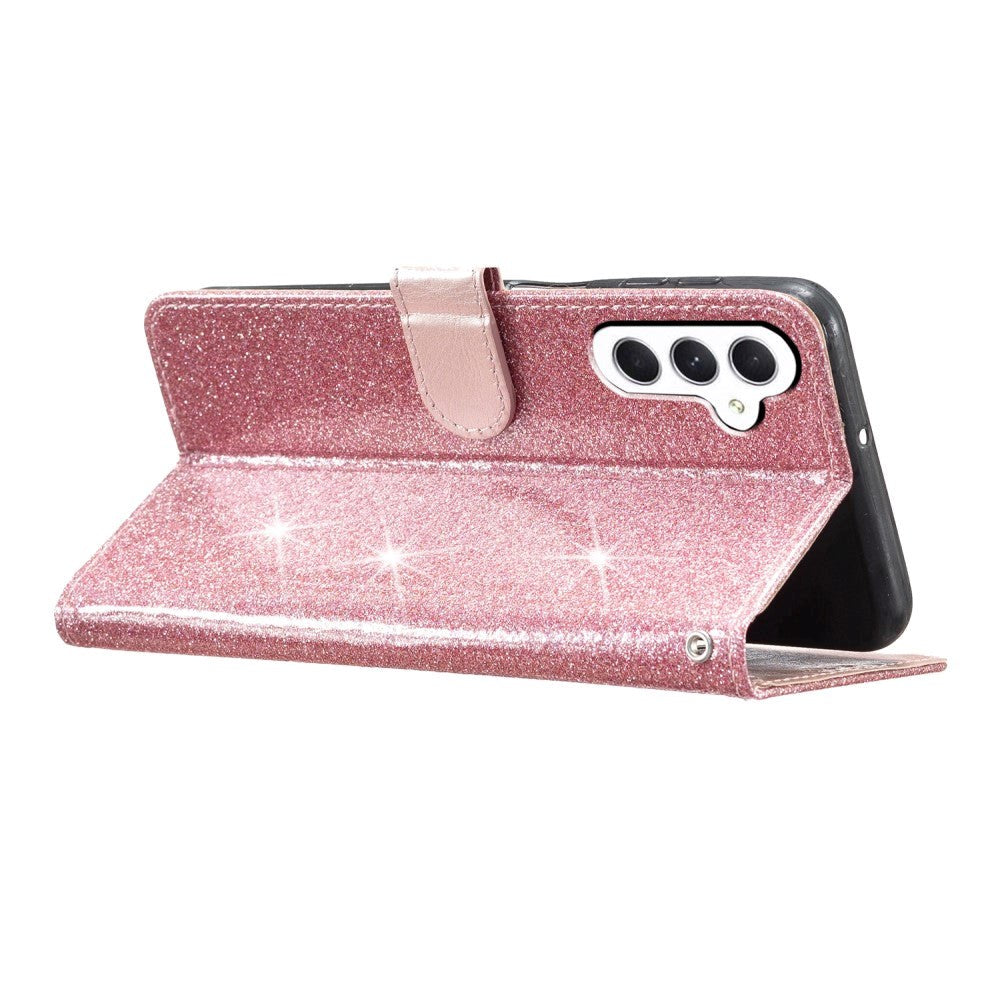 Samsung Galaxy A25 (5G) Flip-deksel i lær m. Veske &amp; stropp - Glitter - Rose gull