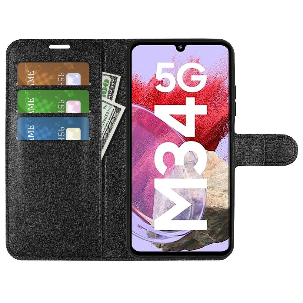 Samsung Galaxy M34 (5G) / F34 (5G) Litchi Leather Flip Cover m. Lommebok - Svart