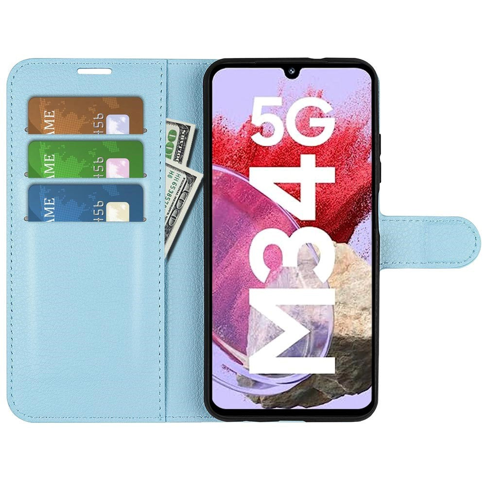 Samsung Galaxy M34 (5G) / F34 (5G) Litchi Leather Flip Cover m. Lommebok - Lyseblå