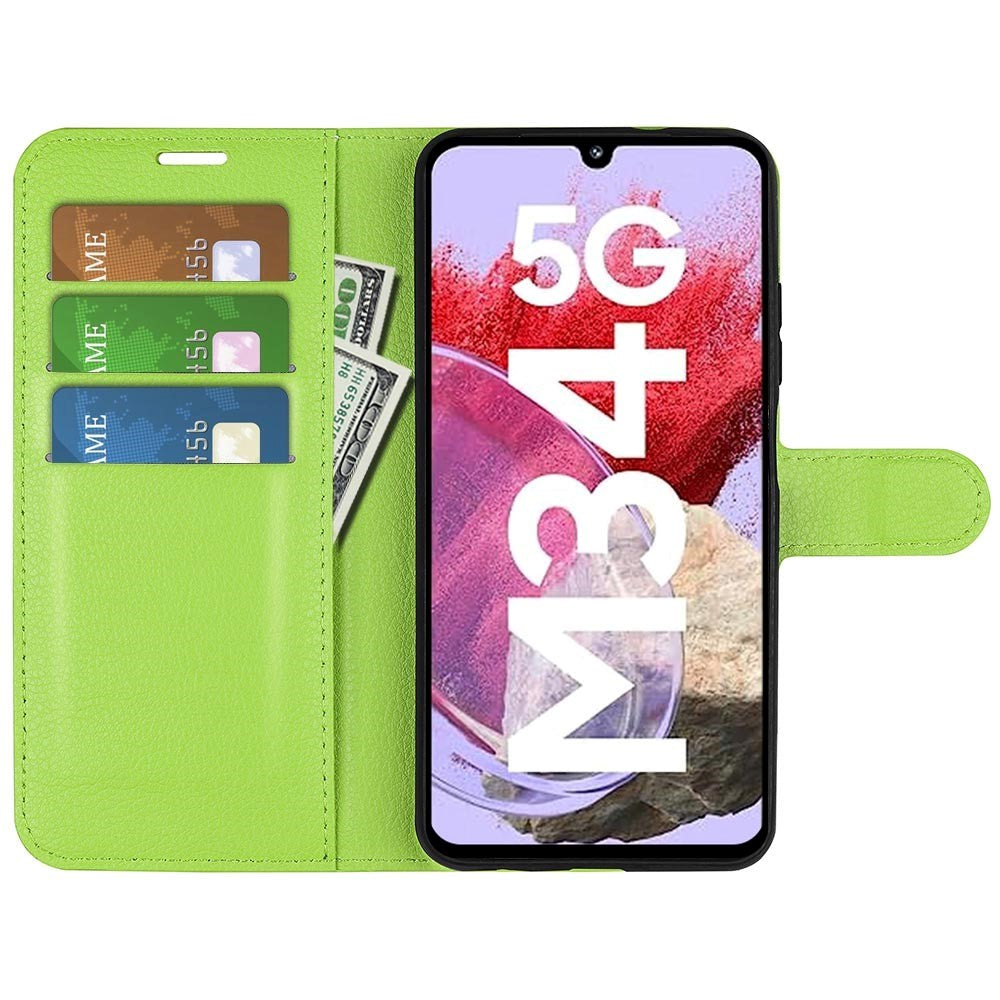 Samsung Galaxy M34 (5G) / F34 (5G) Litchi Leather Flip Cover m. Lommebok - Grønn