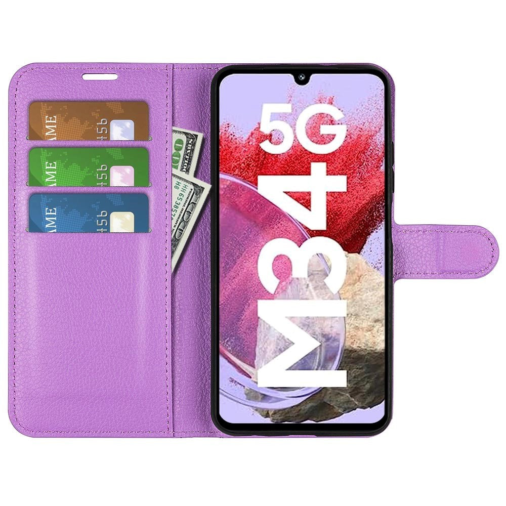 Samsung Galaxy M34 (5G) / F34 (5G) Litchi Leather Flip Cover m. Lommebok - Lilla