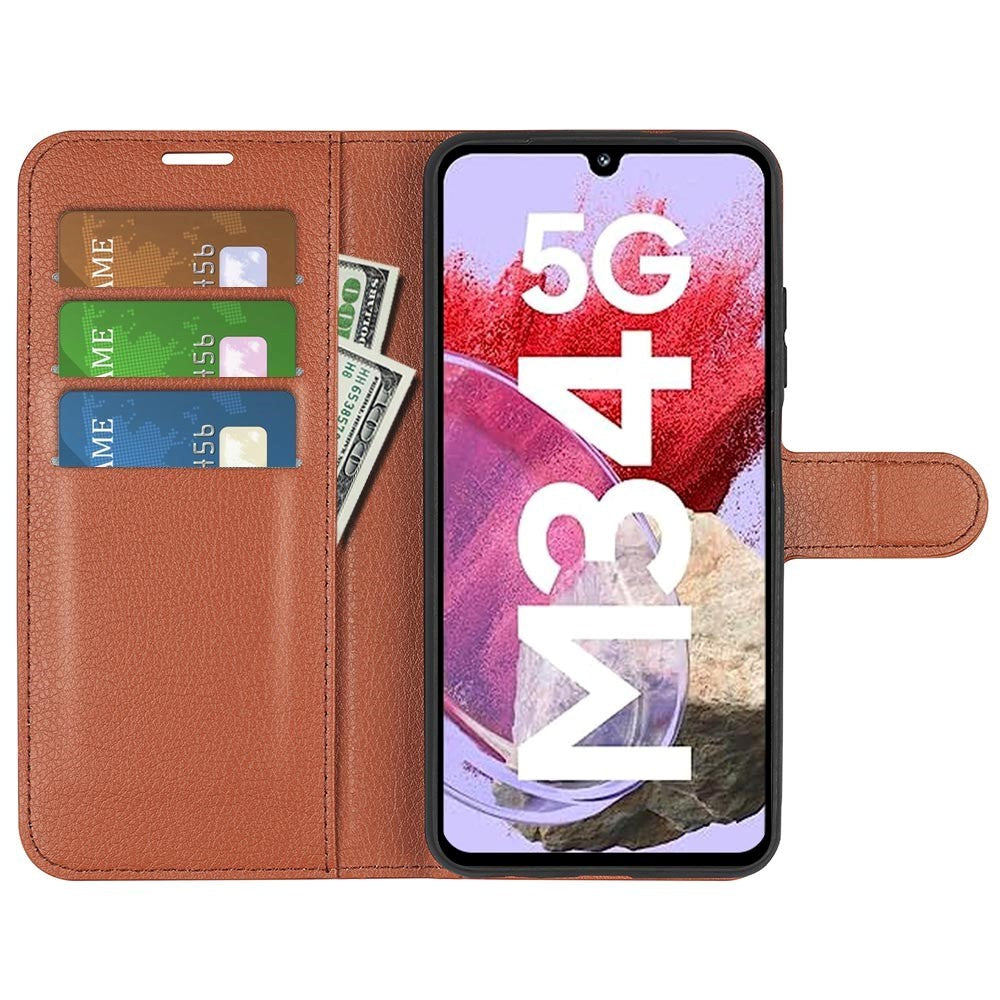 Samsung Galaxy M34 (5G) / F34 (5G) Litchi Leather Flip Cover m. Lommebok - Brun