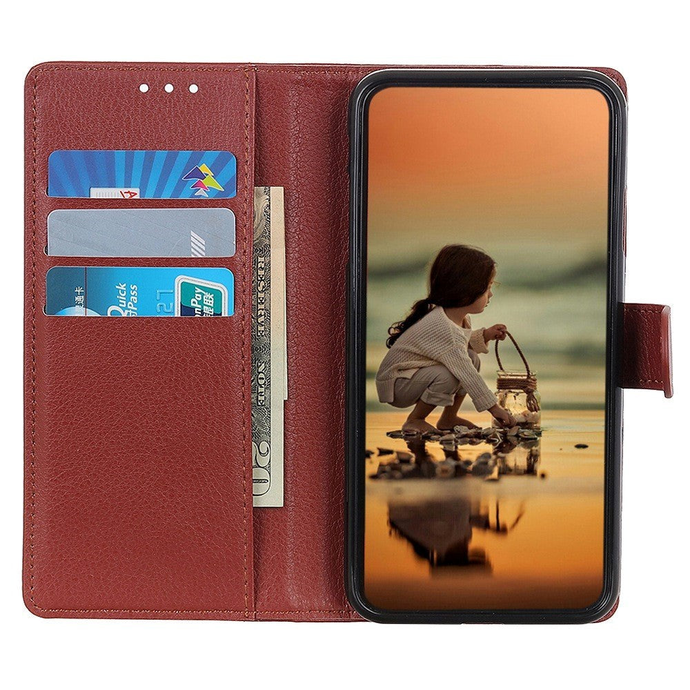 Motorola Moto G14 Litchi Leather Flip Cover m. Lommebok - Brun
