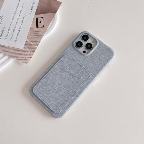 iPhone 15 Pro Litchi skinndekket plastbakdeksel m. Kortholder - Grå