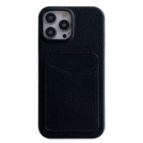 iPhone 15 Pro Litchi skinndekket plastbakdeksel m. Kortholder - Sort 